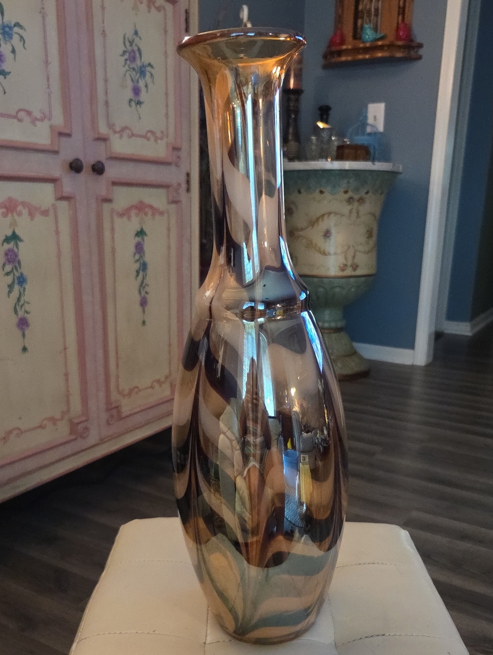 Beautiful Decorative Iridescent Glass Vase - Black and Gold Tone. 21 Inches Tall